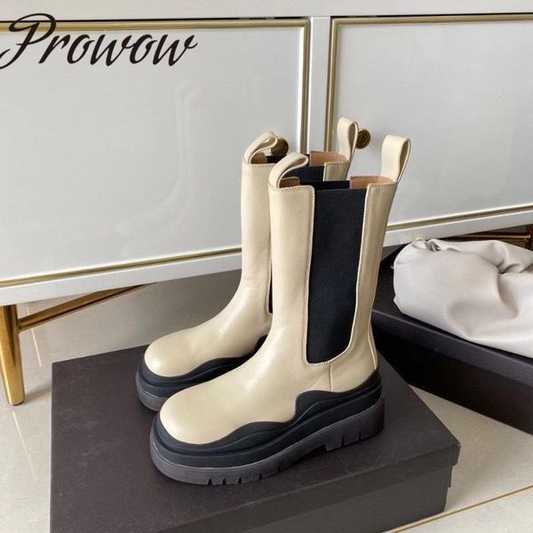

prowow new genuine leather round toe slip on runway fashion boots autumn winter midcalf luxury boots shoes women, Black