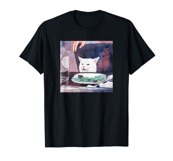 

angry women yelling at confused cat at dinner table meme t-shirt dank meme confused fat cat looking at confused cat meme
