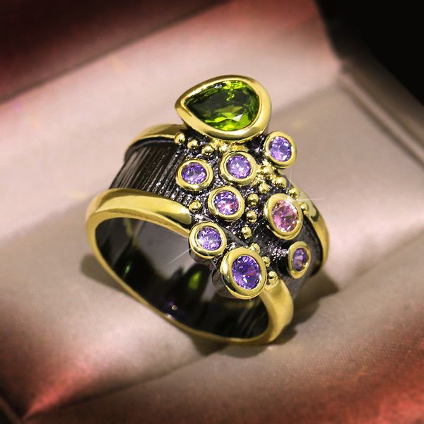 

cluster rings italy jewelry antique 925 sterling silver vintage big emerald for women black gold cocktail ring trendy, Golden;silver