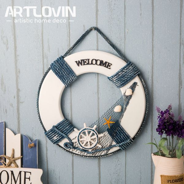 

mediterranean decorative wooden life buoy figurines blue wall hanging nautical sea figure home decoration accessories