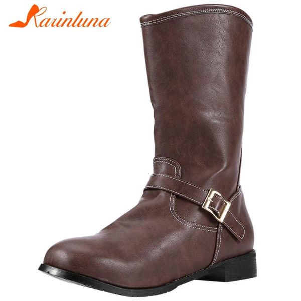 

karin 2020 plus size 48 thick heels concise shoes lady boots woman shoes slip on buckle mid-calf boots, Black