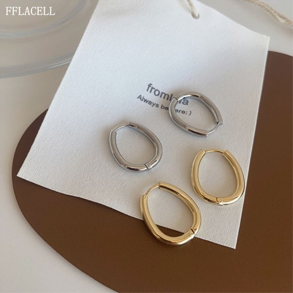 

hoop & huggie fflacell 2021 korean simple ins style fashion u-shaped oval metal earrings all-match retro accessories for women, Golden;silver
