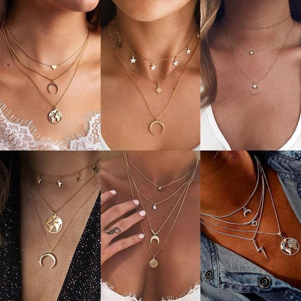 

choker necklace for women vintage boho gold chain collares jewelry earth moon round chic layered necklaces pendants accessories, Golden;silver