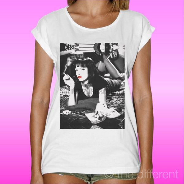 

t-shirt bianca donna woman uma thurman film pulp fiction red lips idea regalo