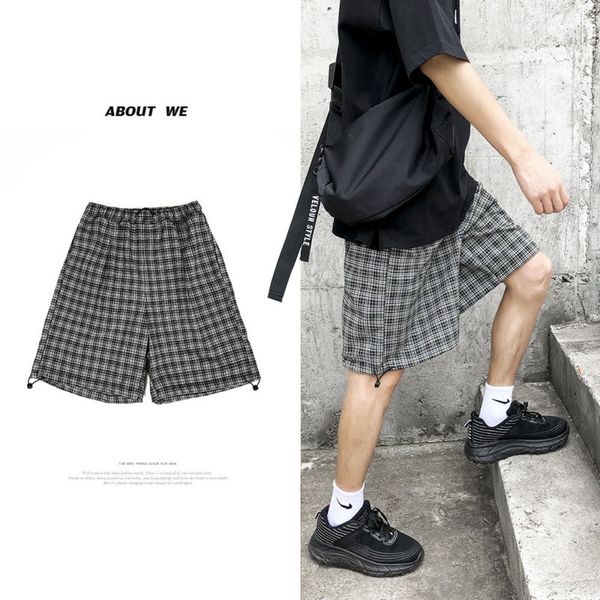 

summer plaid shorts men's fashion retro casual shorts men streetwear loose elastic waist straight straight five-point pants mens, White;black
