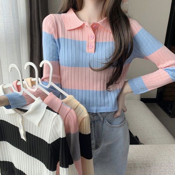 

striped contrast color womens knits spring autumn long sleeve lapel neck sell women cute, White