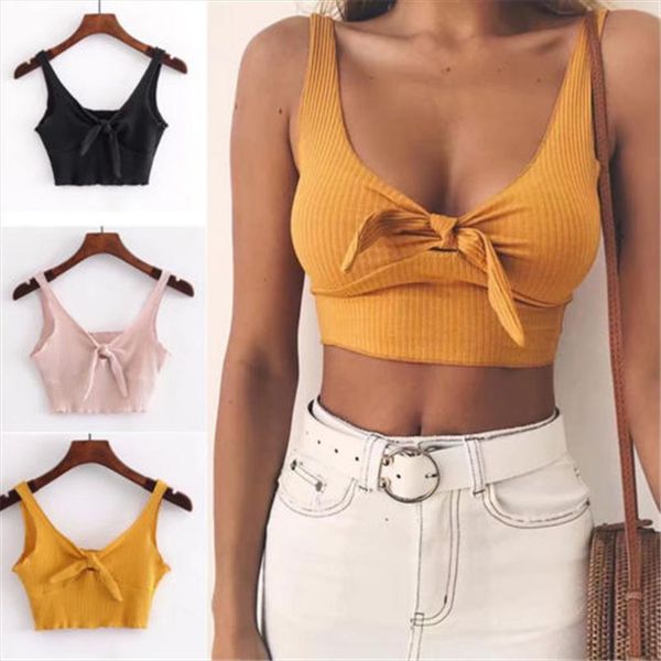 

ребристого bow tie бретель tank tops лето женщин основных crop top streetwear мода 2020 новых девушки обрезанных тройники camis оптового, White