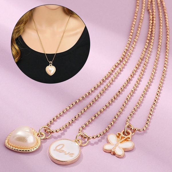 

3 pcs/set gold color beads chain necklaces love heart shaped imitate pearl butterfly pendant necklace, Silver