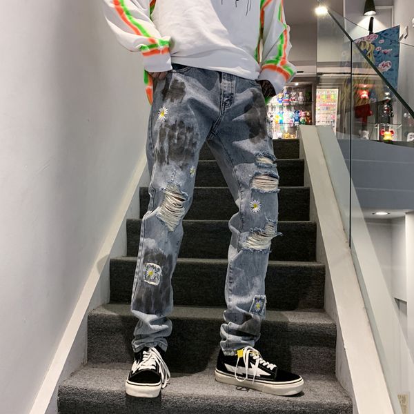 

harajuku daisy embroidery hole streetwear jeans men loose plus size washed retro denim trousers hip hop casual jean pants, Blue