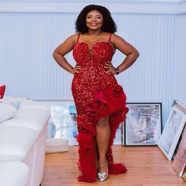 

sequined dark red asymmetrical mermaid prom dresses ruffles sequins plus size evening dreess african party wear robe de soiree, Black