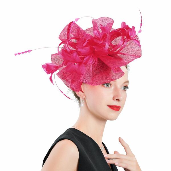 

new red wedding hats for women elegant fascinators flower with feather fedoras hat headband cocktail party dance banquet cap, Blue;gray