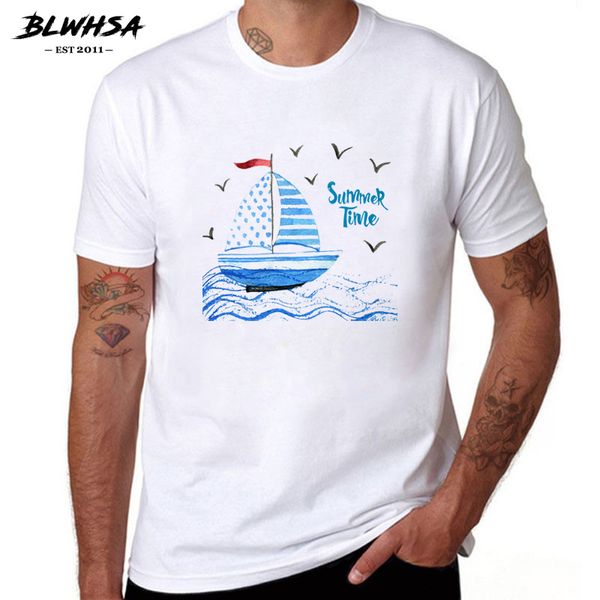 

blwhsa 100% хлопок мужчины футболка с коротким рукавом повседневная футболка для мужчин море парусник печати летнее время crewneck мужская м