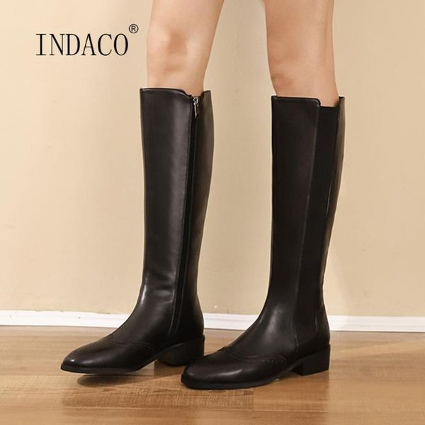 

quality leather knee high boots women winter boots thick heels bullock thigh high side zipper, Black