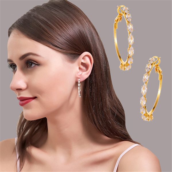 

fashion elegant temperament big circle hoop ear rings for women girl new geometric crystal round earring brincos party jewellry, Golden;silver