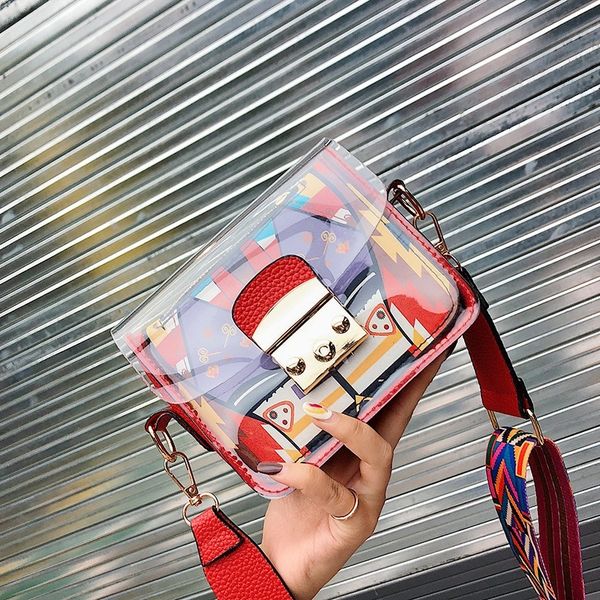 

summer fashion new handbag pu transparent women bag cartoon printed square phone bag mini shoulder bandolera
