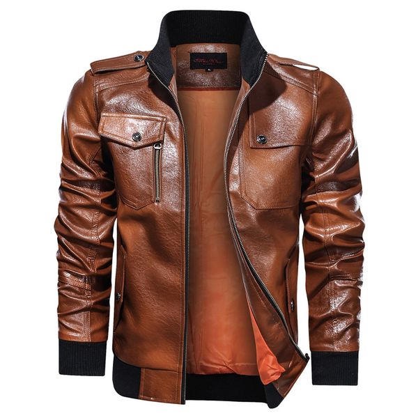 

motorcycle leather jacket men vintage pu leather jackets fashion stand collar bomber baseball coats mens jacket m-5xl, Black