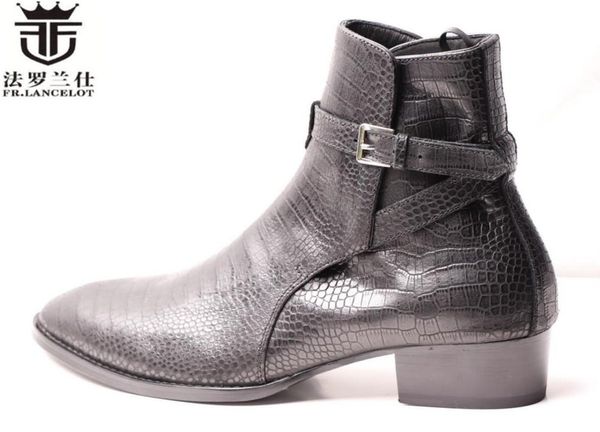 

boots fr.lancelot 2021 men dress snakeskin print leather buckle ankle booties party shoes med heel, Black