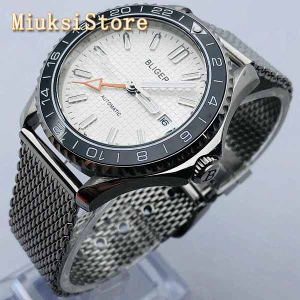 

41mm bliger new casual business watch sapphire glass ceramic bezel silver dial luminous waterproof men's gmt automatic watch, Slivery;brown