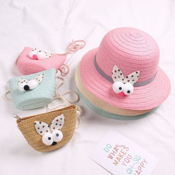 

2021 summer girls kids straw cap panama beach hats cartoon tote handbag bags suit sun hat girl gorras j5f3, Blue;gray