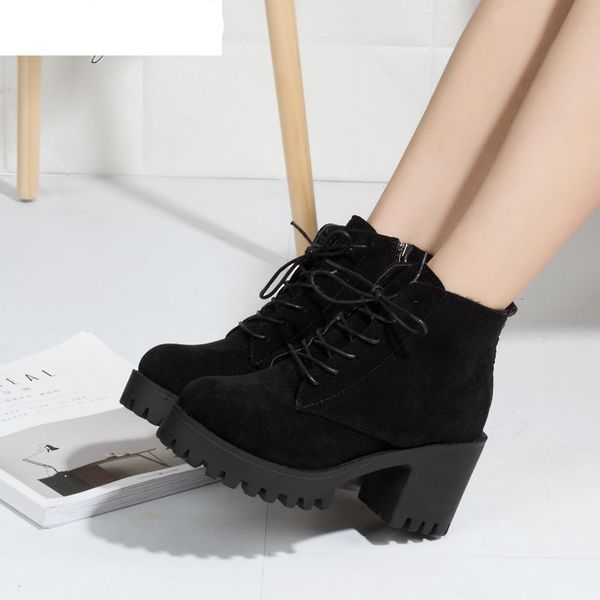 

2020 new winter women's boots fashion lace-up square-heel suede boots round toe high heel warm women's ankle boots, Black