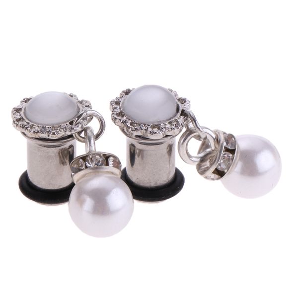 

2pcs crystal simulated pearl dangle ear plugs stainless steel tunnel o-ring, Slivery;golden
