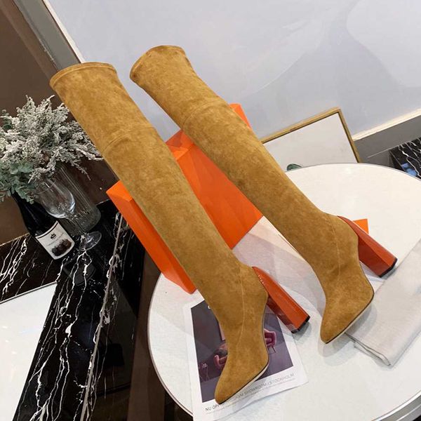 

boots brown slip on women long stratch over the knee high heel solid autumn winter shoes genuine leather sole fashion, Black