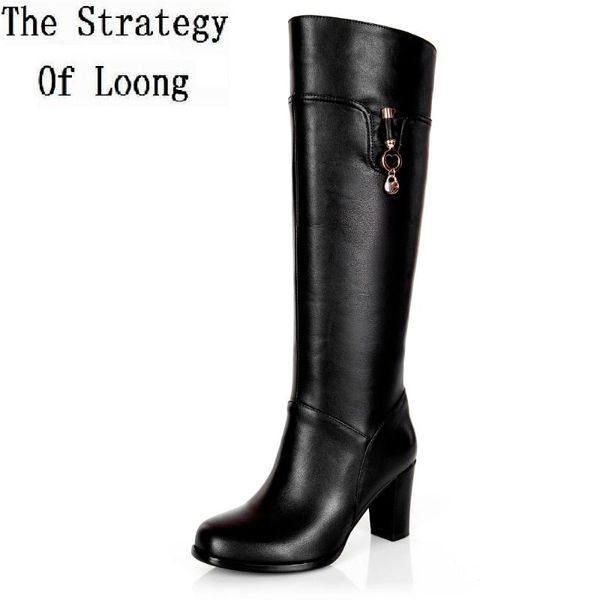 

women winter thick high heel genuine leather round toe fashion knee high knight boots plus size 33-45 sxq1007, Black