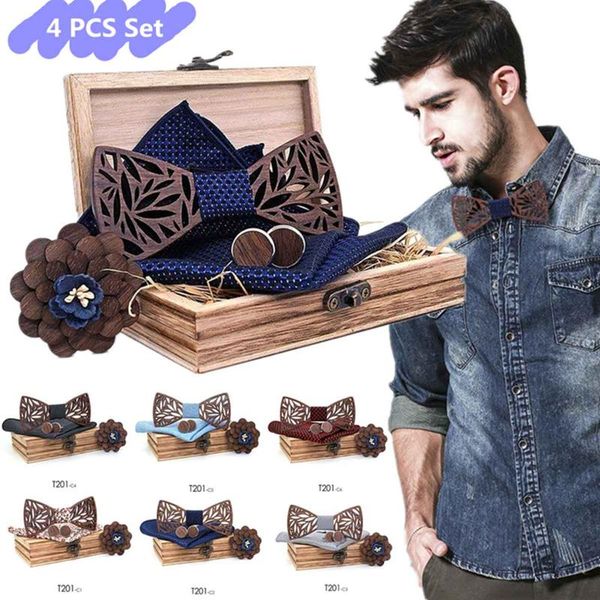 

bow ties 4pcs/set handmade wooden tie handkerchief cufflinks set men's 3d wood pocket square with box fashion for men wedding, Black;gray