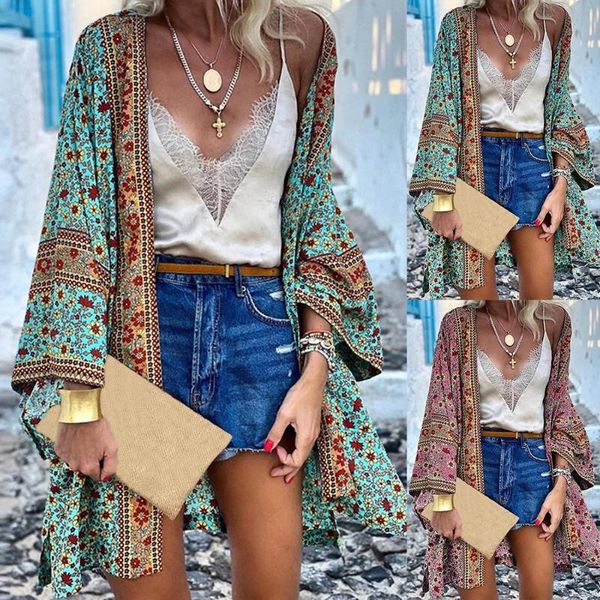 

yoga outfits vintage print floral beach cover ups summer swimwear bikini outerwear flare sleeve oversize bohemian long cardigans, White;red