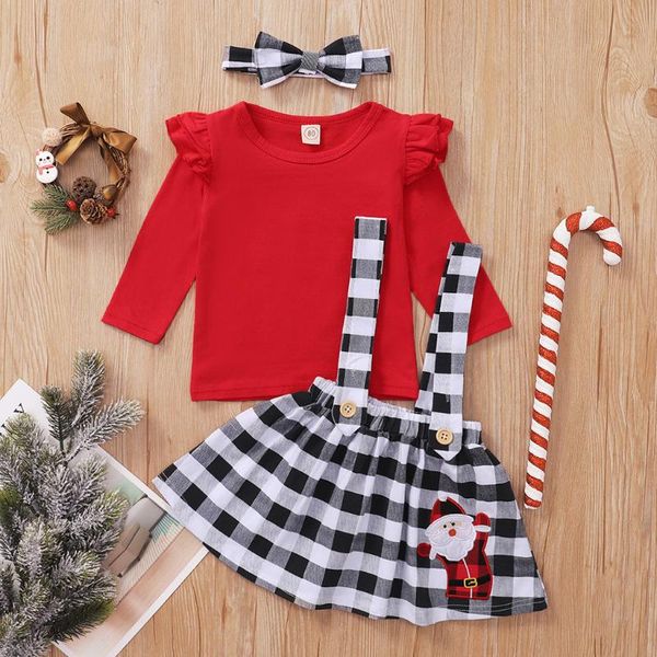 

3pcs my first christmas set 2020 toddler baby girls ruffle +plaid christmas santa suspender skirts outfits baby tracksuit, White