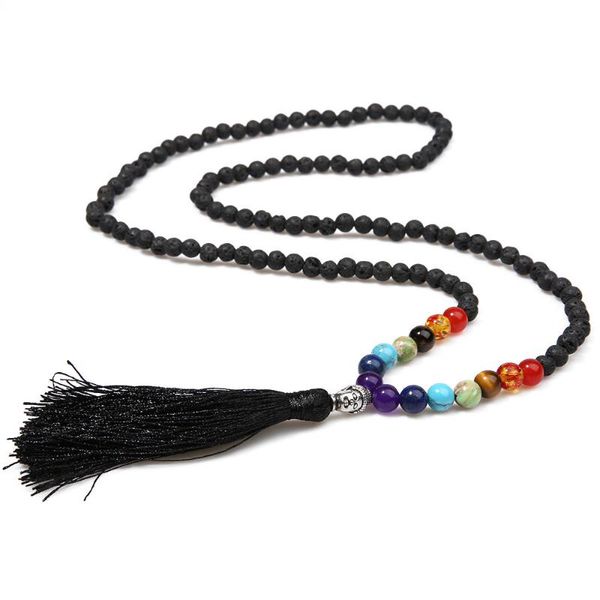 

pendant necklaces buddha head necklace for women maxi 7 chakra volcanic stones beaded meditation healing tassel jewelry gift, Silver