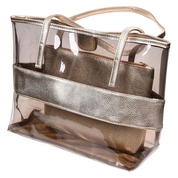 

waterproof half transparent hand bag, pvc beach bag and polyester with small travel bag (champagne color