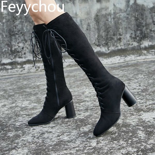 

women boots autumn winter high heel warm knee-high square toe zip lace up 2020 fashion flock boots black size 34-48