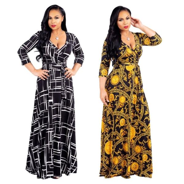 

casual dresses 2021 spring v-neck floor-length print long dress women plus size maxi woman clothes, Black;gray