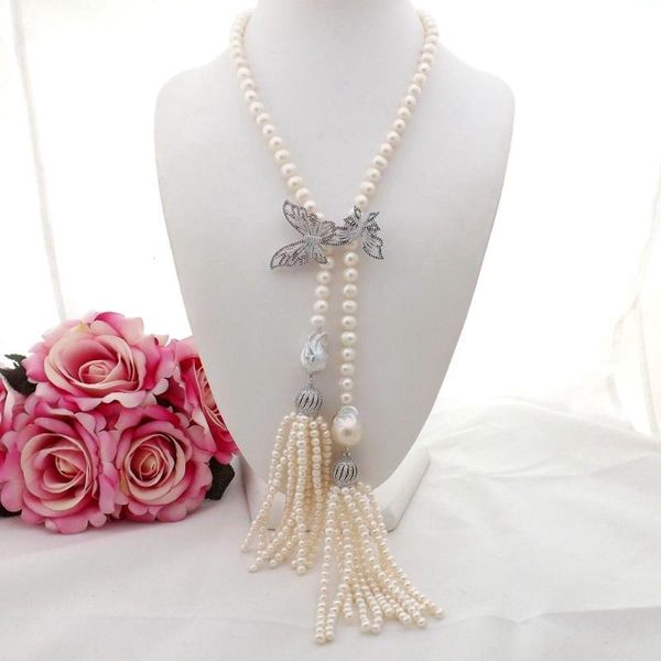 

natural white freshwater cultured pearl necklace micro inlay zircon butterfly buckle flower accessories tassel sweater necklace, Silver