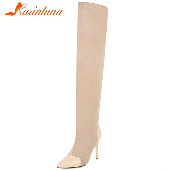 

karin plus size 34-48 ladies boots pointed toe thin high heels thigh high women boots over the knee women shoes, Black