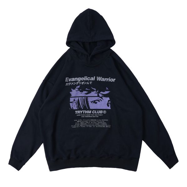 

autumn casual cotton hooded pullover japanese anime warrior girl print sweatshirt harajuku streetwear hoodie black