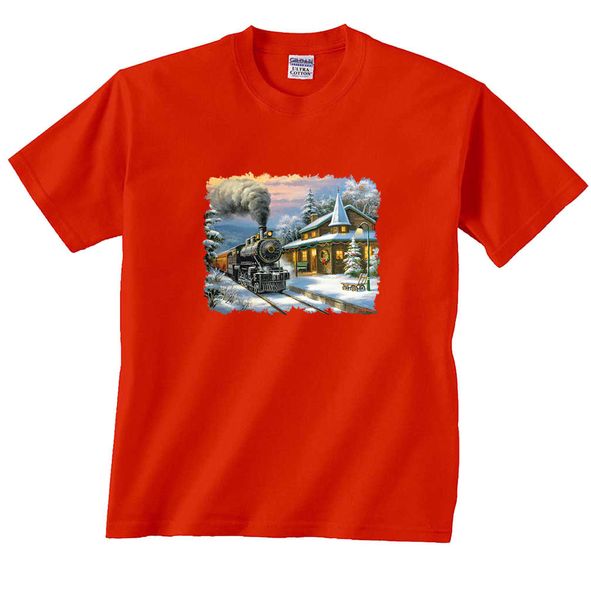 

new design men tee shirt short sleeve cotton fitness t-shirts christmas train station locomotive t-shirtdesigner t shirts