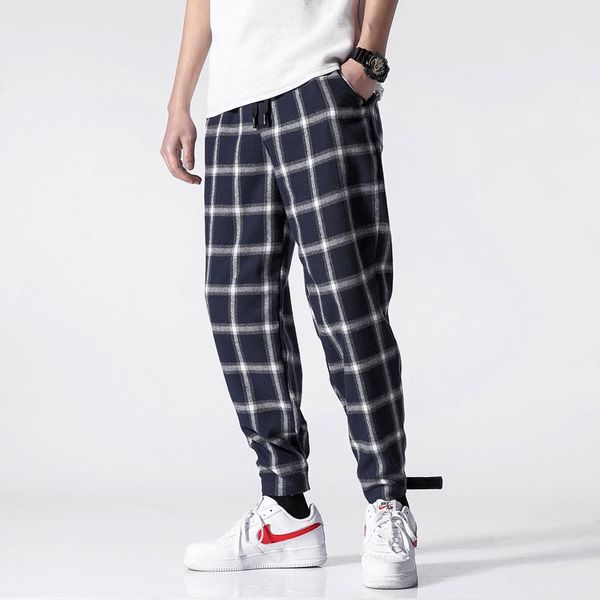 

autumn new plaid pants men fashion elastic waist drawstring casual trousers man streetwear hip hop loose joggers sweatpants male, Black