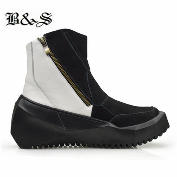 

black& street tank sole patchwork mixed colors genuine leather trainer men boots zipper thick sole sneaker vintage boots