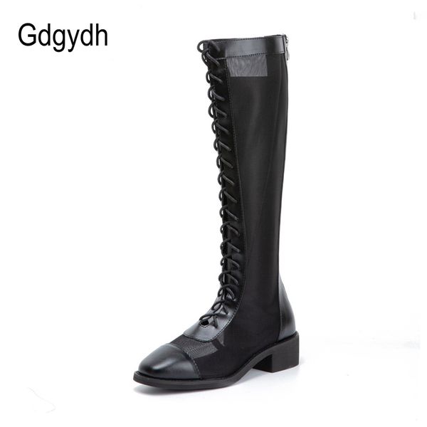 

gdgydh 2020 new autumn boots womens knee high boots air mesh hollow out female shoes lacing ladies shoes natural leather black