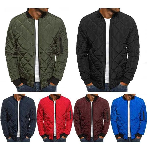 

men's down & parkas winter jackets men slim bomber jacket 2021 korean fashion checkered casual solid color zipper coats overalls, Black