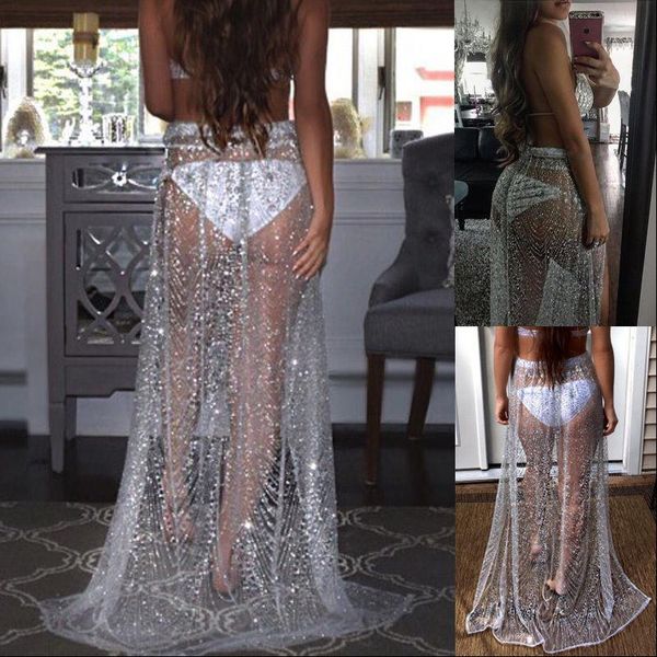 

summer sexy пляжная rhinestone длинные пришивания юбки сыпучие side split mesh see through gold макси блеск юбка искра женский, Black