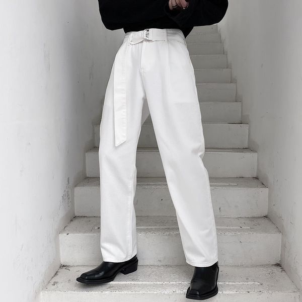 

ewq / men's wear 2020 autumn wear solid color belt decoration loose black white denim trousers two-color straight pants 9y3415, Blue