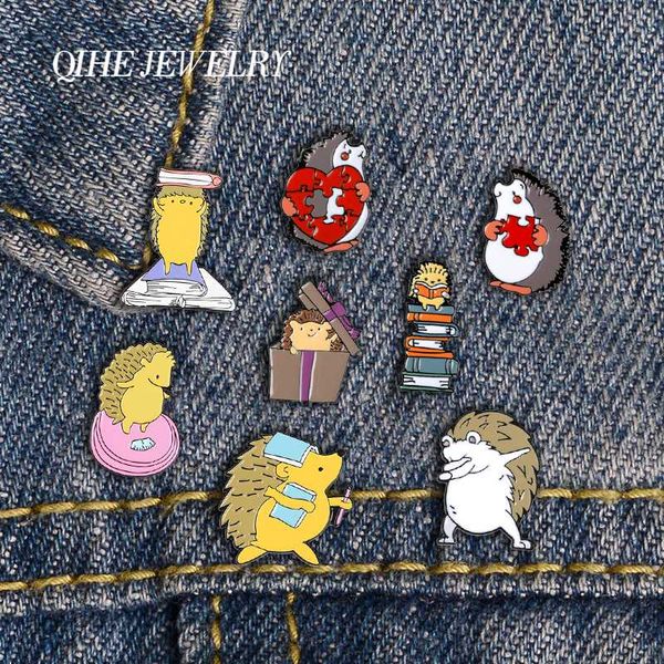 

qihe jewelry hedgehog series cute enamel pins like books couple gifts love heart brooches women men badges lapel pins wholesale, Gray