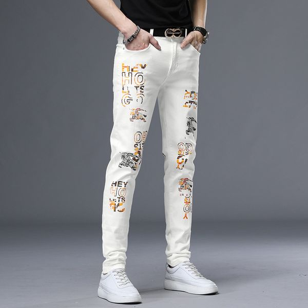 

white cowboy pants men's wear popular brand cool drilling printed slim fit youth fashion men casual skinny, Blue