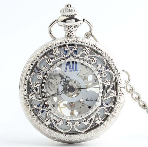 

selling father's day gift hollowed flower silver mechanical pocket watch vintage roman dial pocket watch t200502, Slivery;golden