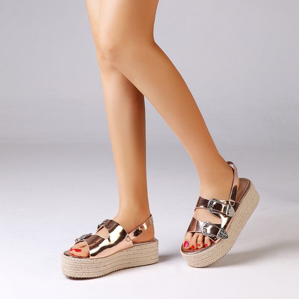 

new summer women's casual sandals 2020 rope thick bottom stitching wedge heel buckle comfortable wild shoes specials, Black