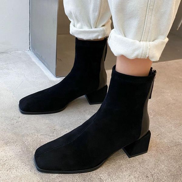 

boots women square toe mid heels ankle chunky zip fall spring fashion sewing dress black white booties