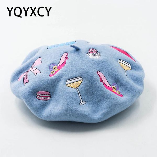 

berets 100% wool beret handmade embroidered women hat autumn winter warm hats for lady painter cap vintage bonnet pink, Blue;gray